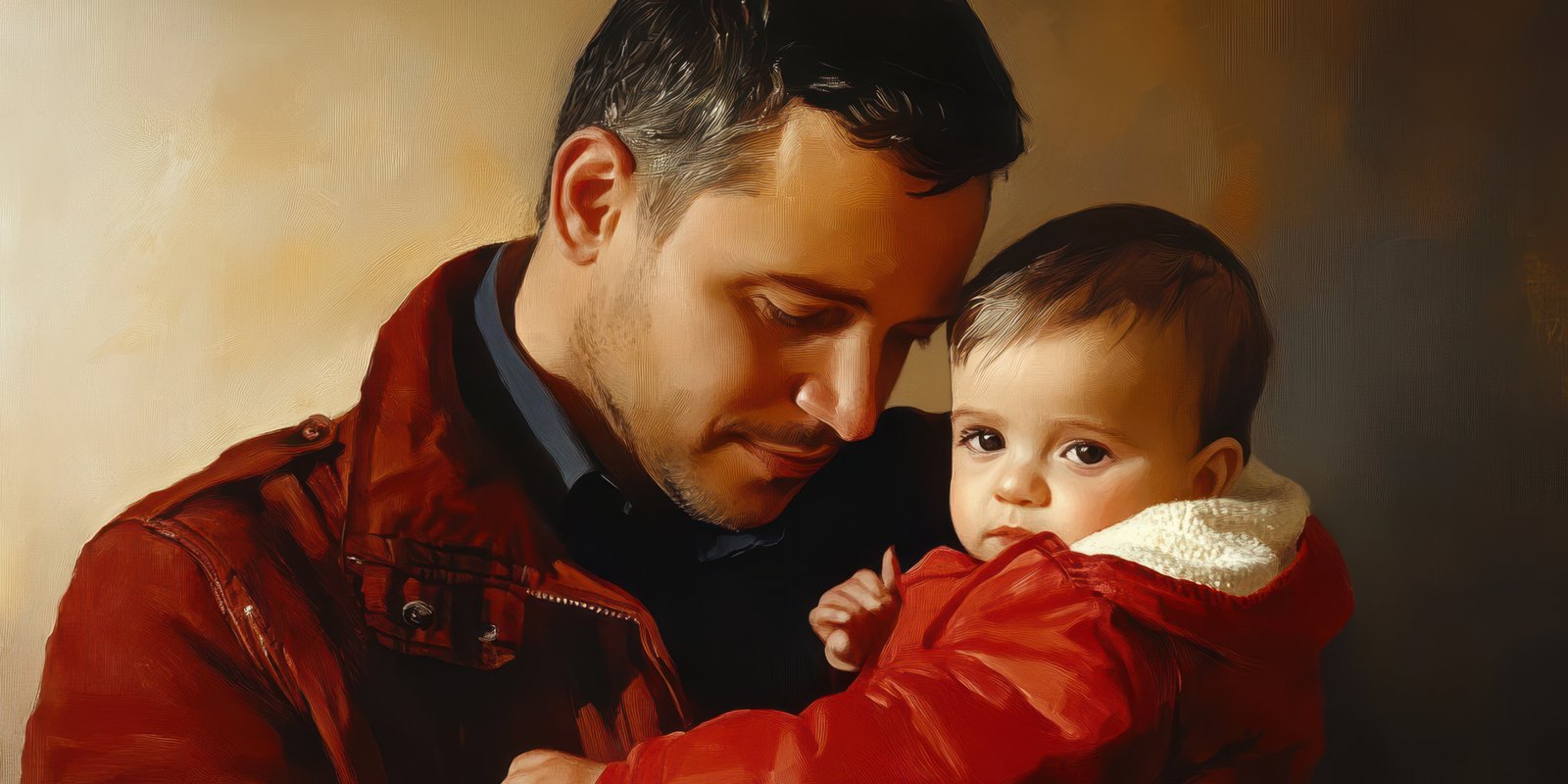 Father holding baby in warm embrace inside cozy setting during afternoon light